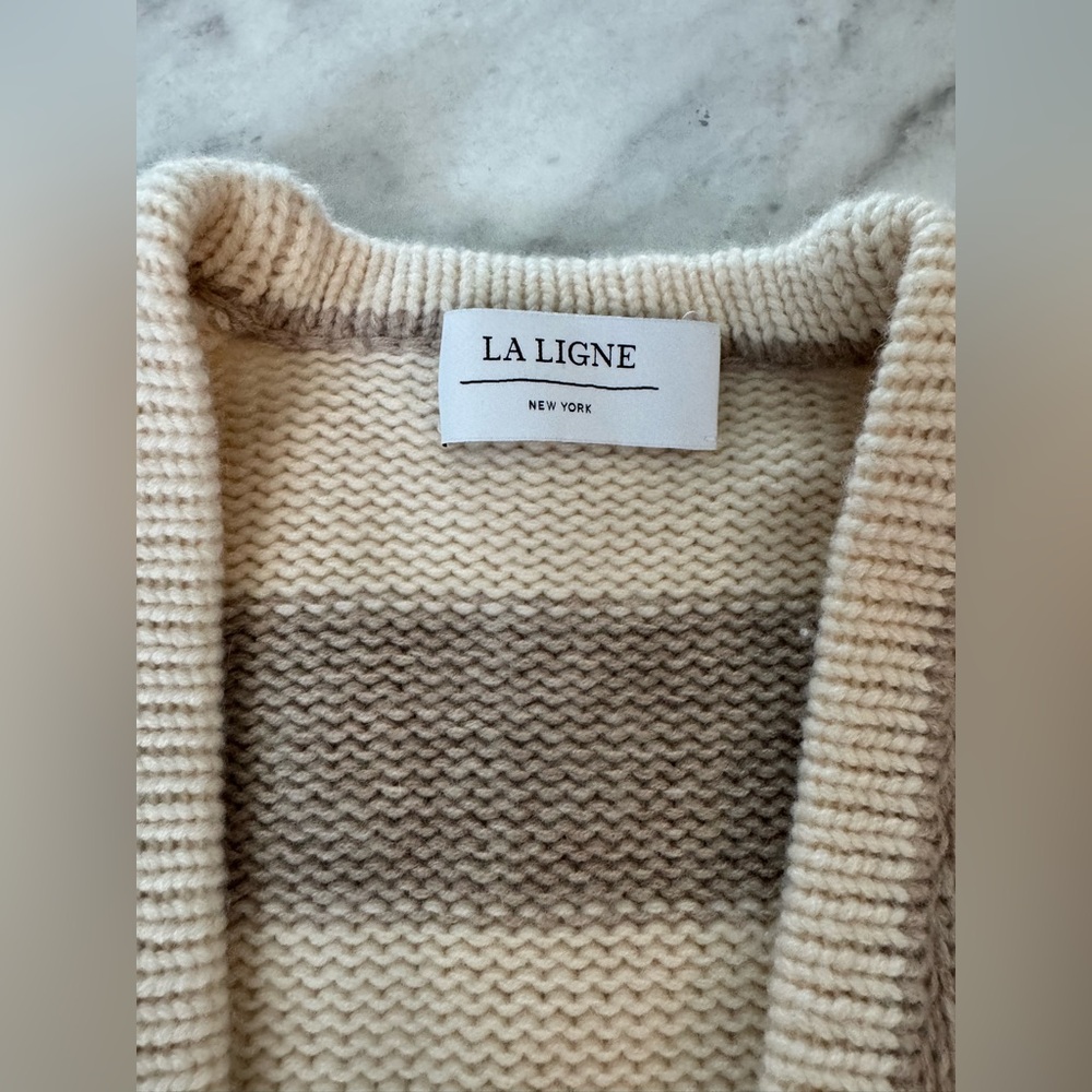 La Ligne oversized Neutral Stripe Wool Cardigan in Cream & Taupe - Picture 2 of 4